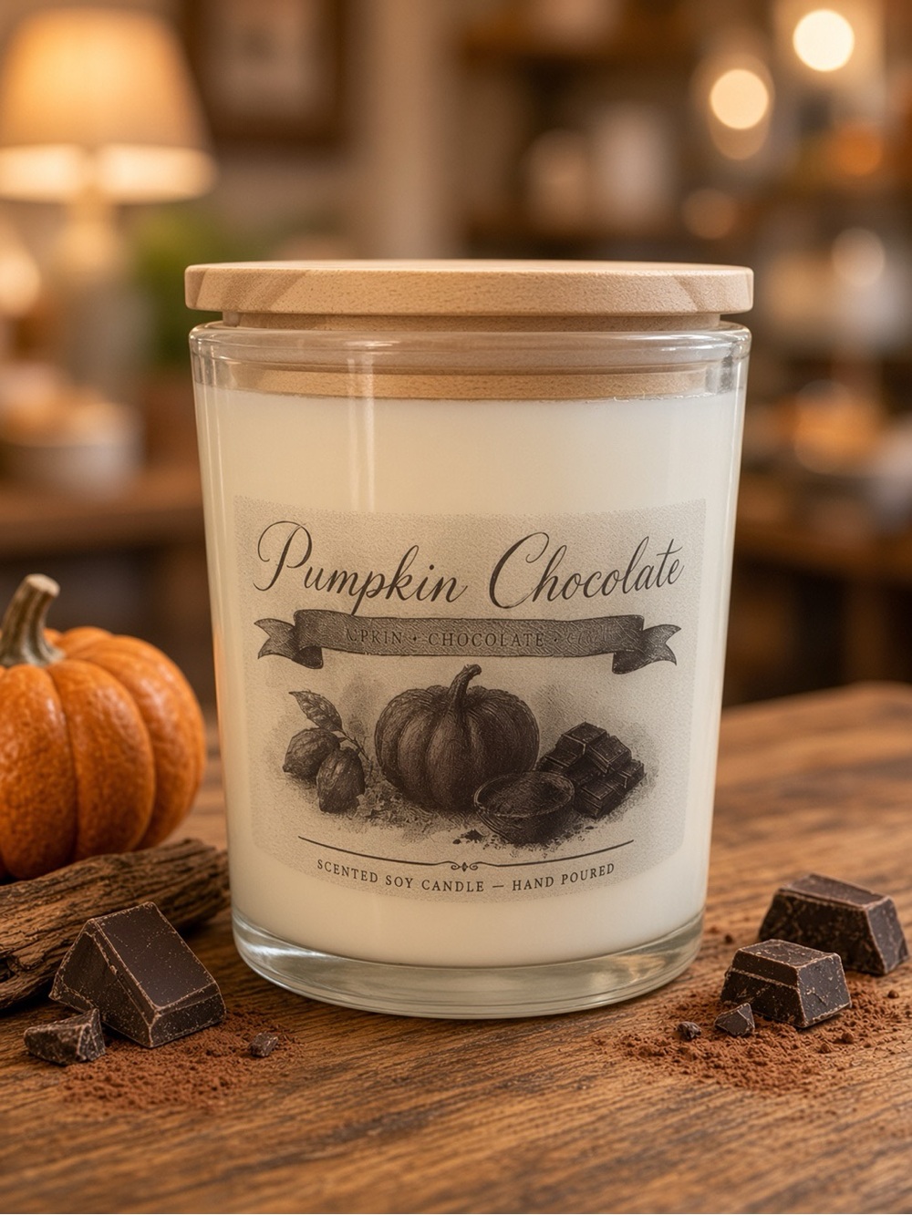 9oz Pumpkin Chocolate Soy Candle Wood Lid Handmade